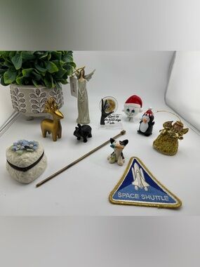 Vintage Junk Drawer Lot Trinkets Toy Ornaments Space Shuttle Patch